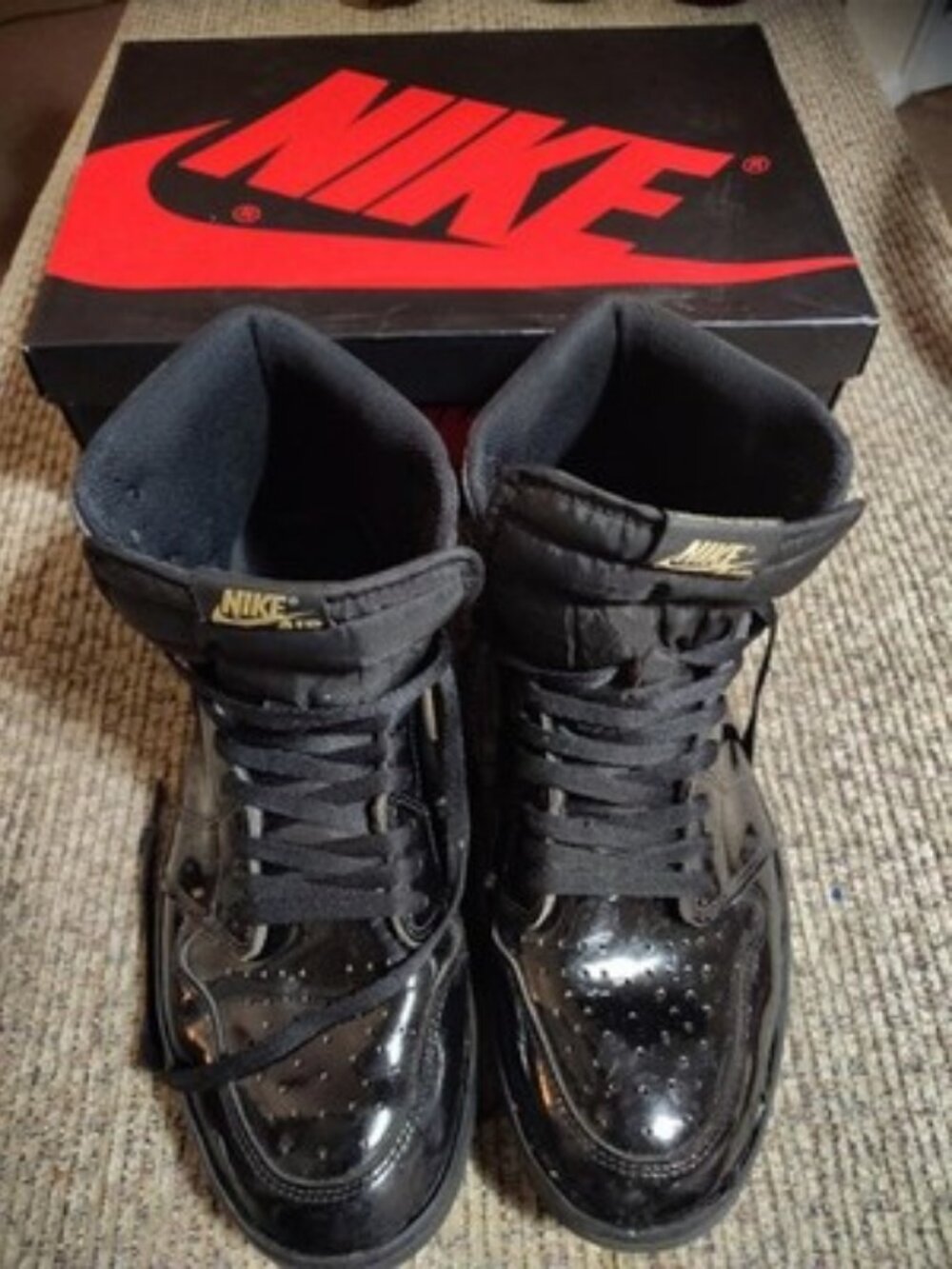 Size 12 - Jordan 1 Patent Black Metallic Gold 2020 With Box